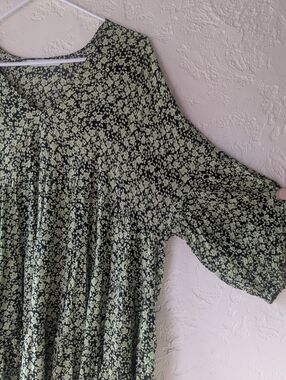 Zara Black Dress with Pale Lime Floral Print XL Boho, Maxi
